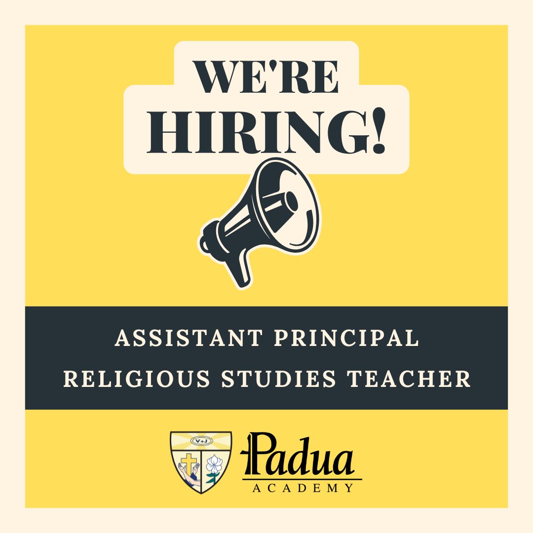 🖤💛 Padua Academy is hiring!
We’re seeking an Assistant Principal and a Religious Studies Teacher. Know someone who’d be a great fit?

📍 Details &amp; application: paduaacademy.org/about/careers
#myPadua #Hiring #CatholicEducation #TeachingJobs