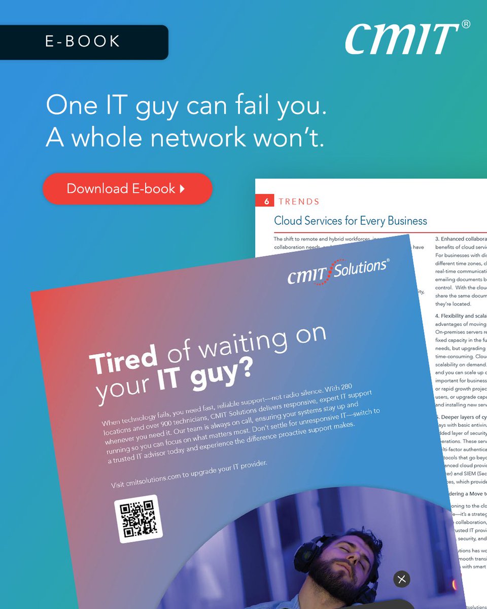 cmitsolutions's tweet image. Tired of waiting on your IT guy?

With CMIT Solutions, you get local IT experts backed by 900+ technicians nationwide.

Don’t wait for something to break — get proactive support now.

📘 hubs.li/Q03kx9tM0

#ITSupport #CMITSolutions