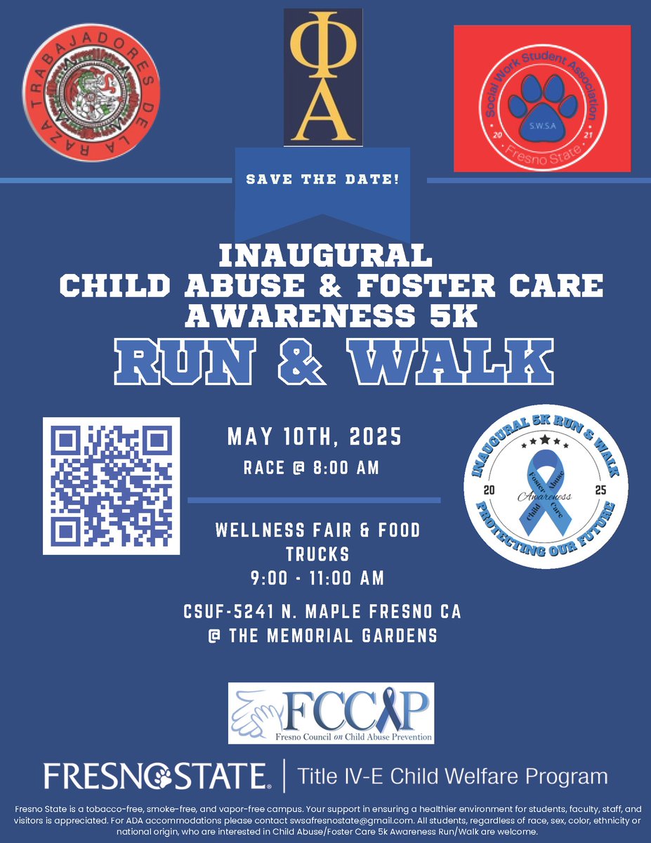 The Social Work Student organizations, Phi Alpha Honors Society, and Title IV-E program at Fresno State are hosting a Child Abuse/Foster Care Awareness 5K Run/Walk and Wellness Fair.

runsignup.com/Race/CA/Fresno…
