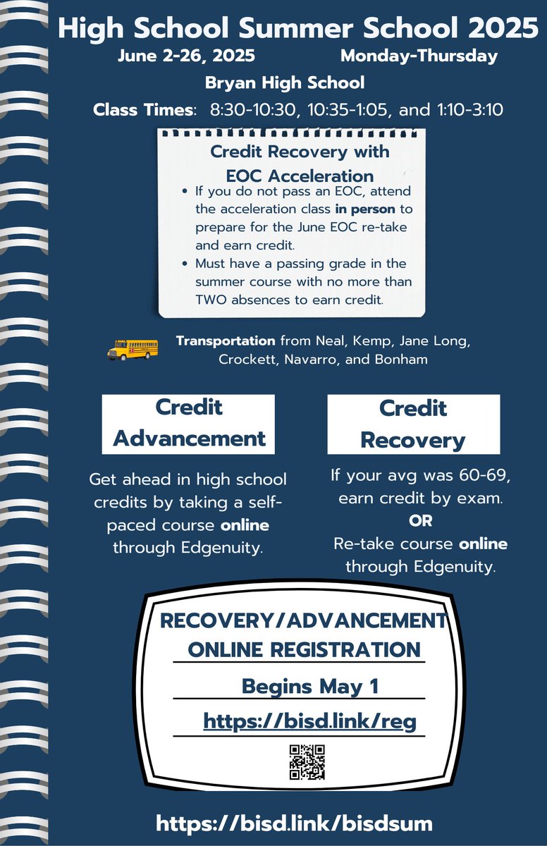 BHS Counseling (@bhsadvisors) on Twitter photo Summer School applications go live tomorrow!
You can register here: bisd.link/reg
And learn more here: bryanisd.org/page/summer-pr…
See your counselor if you need help or have any questions!
<a href="/LaneBuban/">Bryan High School</a> Summer School applications go live tomorrow!
You can register here: bisd.link/reg
And learn more here: bryanisd.org/page/summer-pr…
See your counselor if you need help or have any questions!
<a href="/LaneBuban/">Bryan High School</a>