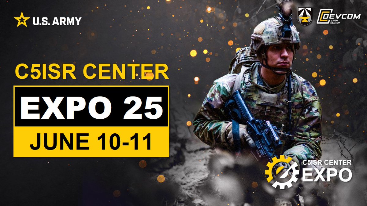 **ATTENTION INDUSTRY PARTNERS**

Join us June 10-11 at Aberdeen Proving Ground for C5ISR Center Expo 2025! 

Deadline to register is June 3. 

Get all the details here: sam.gov/opp/abf0a62c02…

#ArmyTech | #ArmyInnovation | #C5ISR | #FutureForce | #WarfighterReady