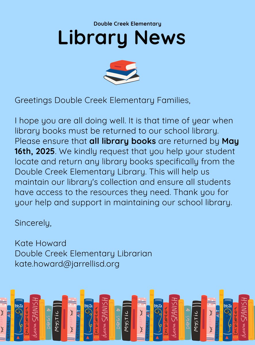 DCESCougs's tweet photo. Library books due May 16th, 2025 https://t.co/iW29gyzi3z