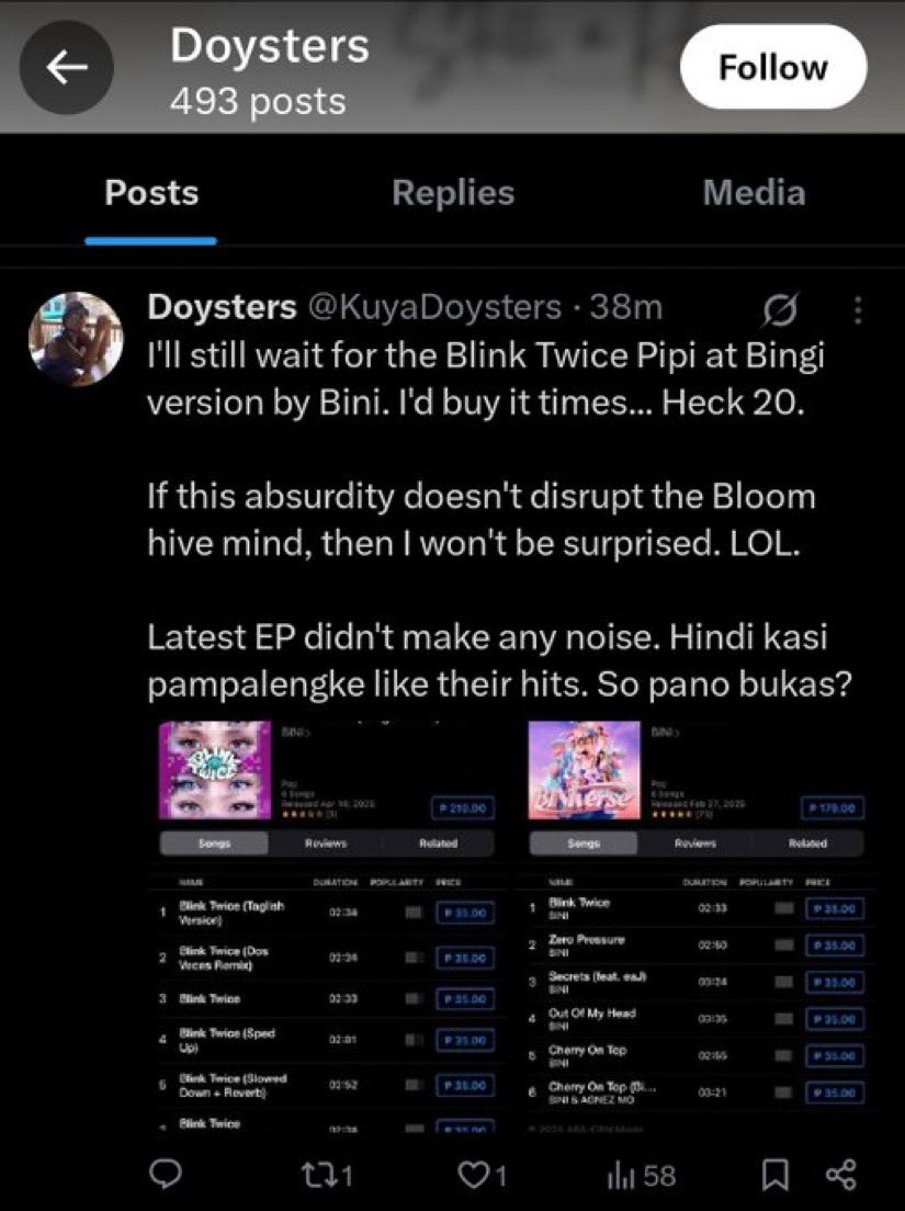 Ibang klase ang moral compass ng isang to. Dahil sa fanwar lowkey mocking pwd. At salamat sa mga blooms na nagbigay ng idea dito na “Biniverse Ep is not making any noise/hype“, isa ka/kayong tunay na fan ng Bini. FYI lang, that ep alone is 98M streams in just 3 months!