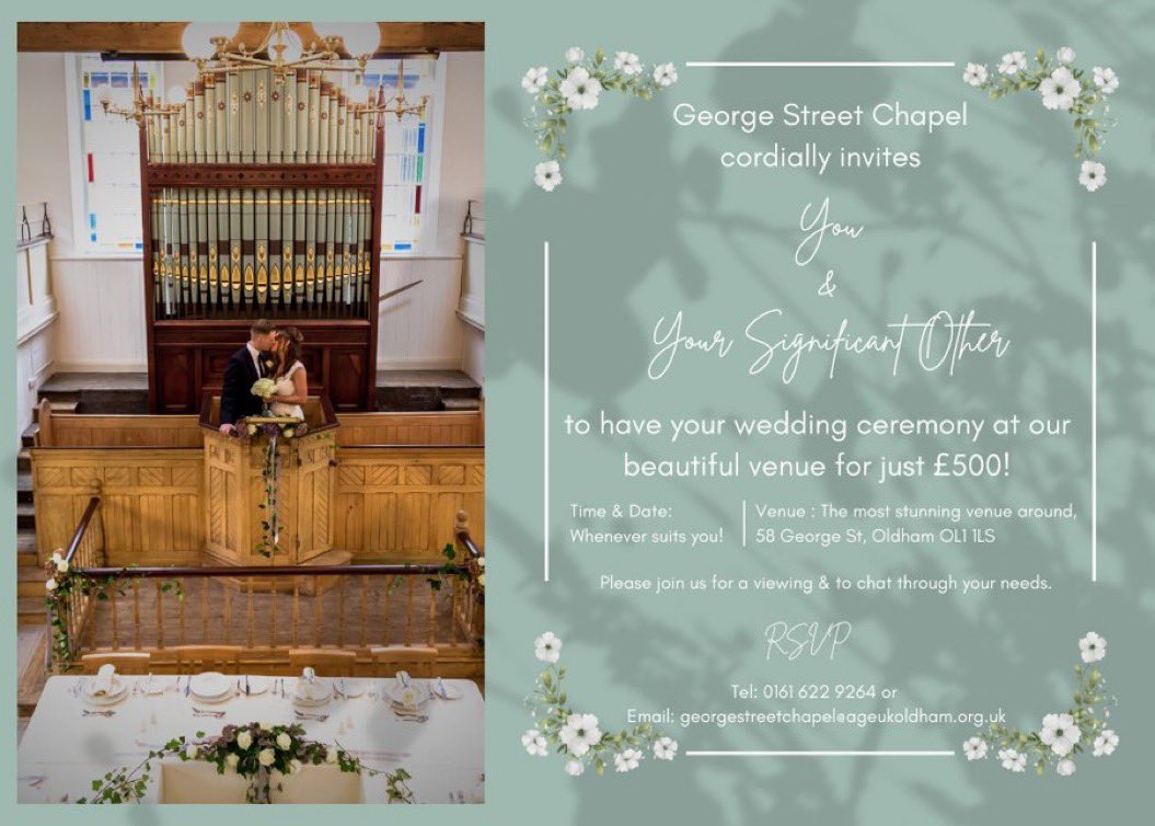 Looking for a ceremony-only wedding venue with charm? George Street Chapel in Oldham is intimate, historic, and unforgettable. Say “I do” in style.
#OldhamWeddings #GeorgeStreetChapel #CeremonyOnly
