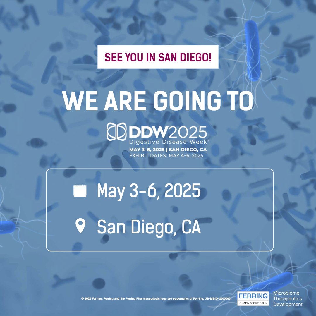Ferring Microbiome U.S. (@ferringmbiome) on Twitter photo We are attending <a href="/DDWMeeting/">Digestive Disease Week</a> in San Diego, CA, where we will be presenting four posters and one oral presentation. Come join us!​
#FerringMicrobiome #DDW2025 We are attending <a href="/DDWMeeting/">Digestive Disease Week</a> in San Diego, CA, where we will be presenting four posters and one oral presentation. Come join us!​
#FerringMicrobiome #DDW2025