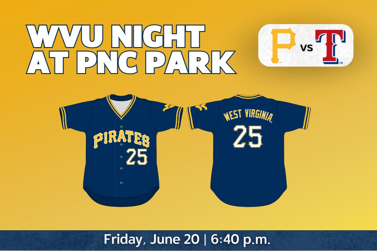 Mark your calendars for Friday, 6/20, as we celebrate West Virginia Day with WVU Night at PNC Park!

Join us for America’s favorite pastime in an atmosphere filled with Mountaineer pride. Plus, get a co-branded Pirates x WVU jersey with your ticket!

🎟️: go.wvu.edu/PNC25