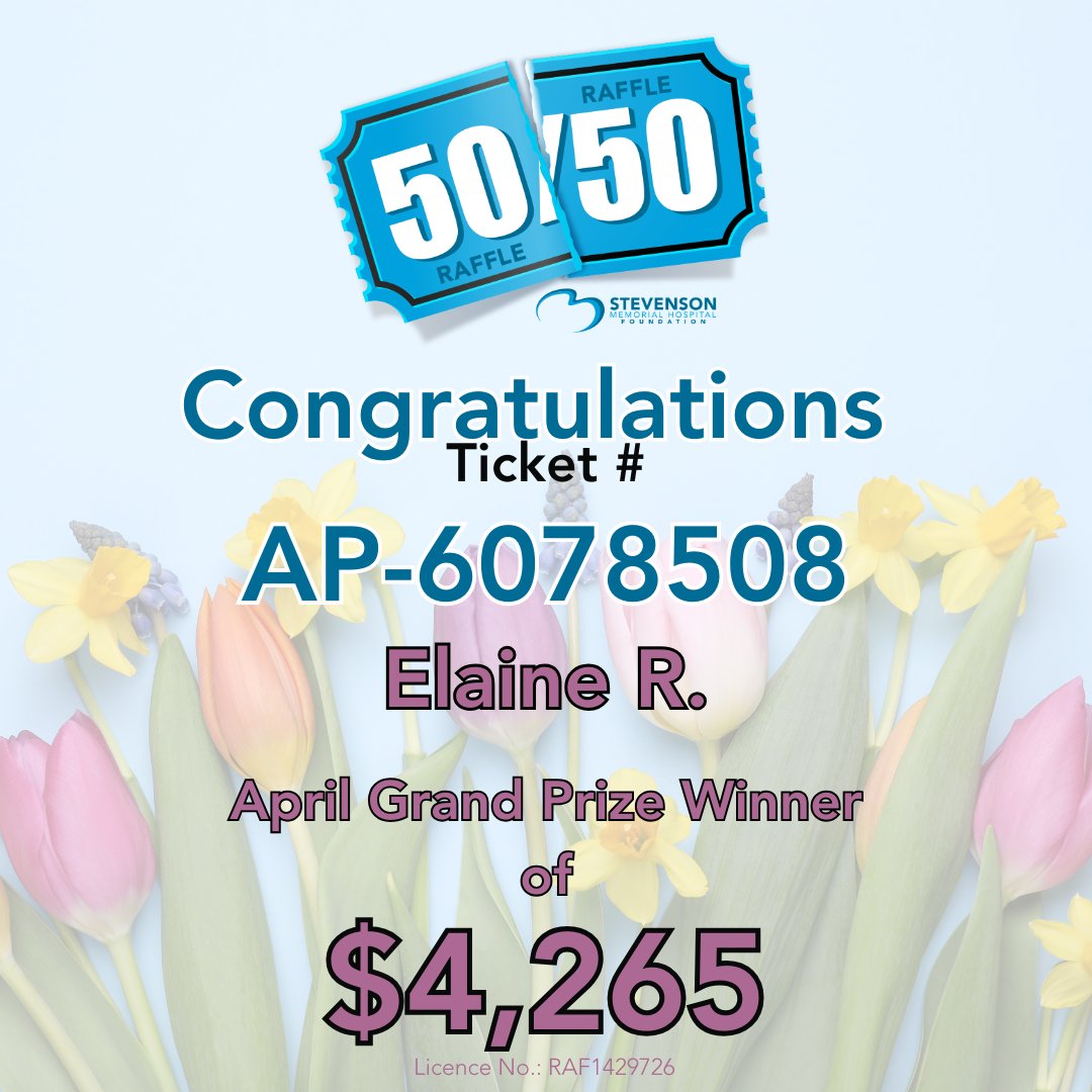 StevensonFdn's tweet image. 🎉 We&apos;re excited to announce Elaine R. as our April 50/50 Grand Prize Winner, taking home $4,265! Thank you for supporting Stevenson Memorial Hospital! 🌟🎊 #TransformingStevenson #BuildingForTomorrow
