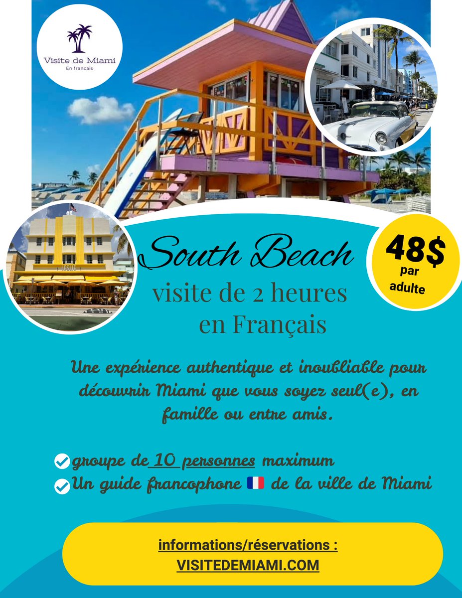 Infos ➡️ Visitedemiami.com 
Réservations ➡️ bookeo.com/visitedemiami

Les avantages d’un groupe restreint (maximum 10 personnes) pour découvrir South Beach .
#travel #france #vacances
#paris #voyage #floride #miami