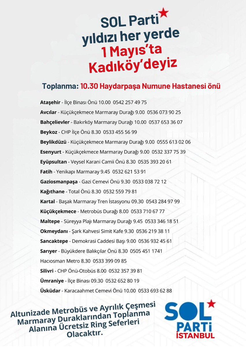 İstanbul'un dört bir tarafından geliyoruz.
Şimdi hep birlikte mücadeleyi yükseltme zamanı.
#1Mayıs'ta hep beraber Kadıköy'e ⭐