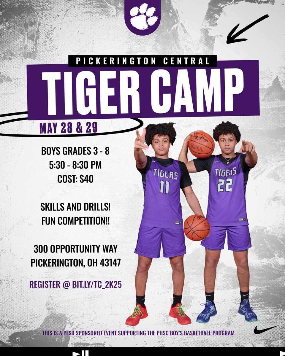 REGISTER FOR TIGER CAMP TODAY!!!

📅 May 28 &amp; 29

⛹️‍♂️ Grades 3-8

⌚️ 5:30-8:30 PM

📍 Pickerington HS Central

Registration Link: bit.ly/TC_2K25

#TigerBasketball🐯🏀🔥