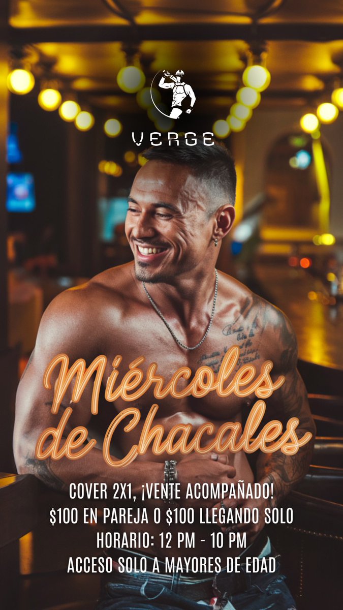 🍆 ¡Miércoles de Chacales en VERGE!
🎟️ Ven acompañado y aprovecha el 2x1, dos por $100 pesos, si vienes solo también son $100
⏰ De 12 del día a 10pm 
📍 Plaza Juárez, frente a la Alameda
🏩 Ingreso por la tienda Erotika
🔞 Solo hombres mayores de edad
#SoloHombres