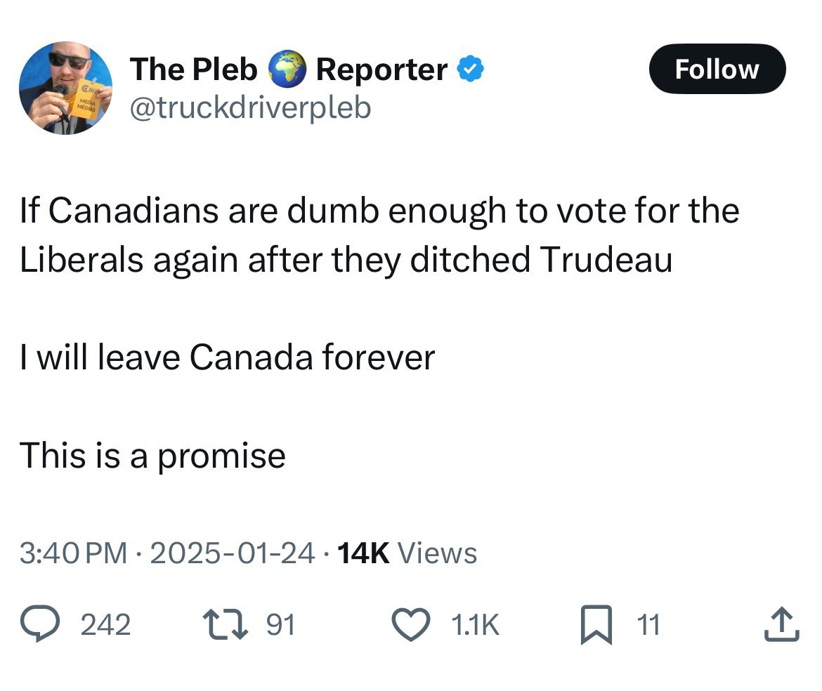 Awe <a href="/truckdriverpleb/">The Pleb 🌍 Reporter</a> made it so I can’t comment on his posts and lies anymore. What a fragile little snowflake! All I did was ask him if he was leaving Canada like he promised. 😢