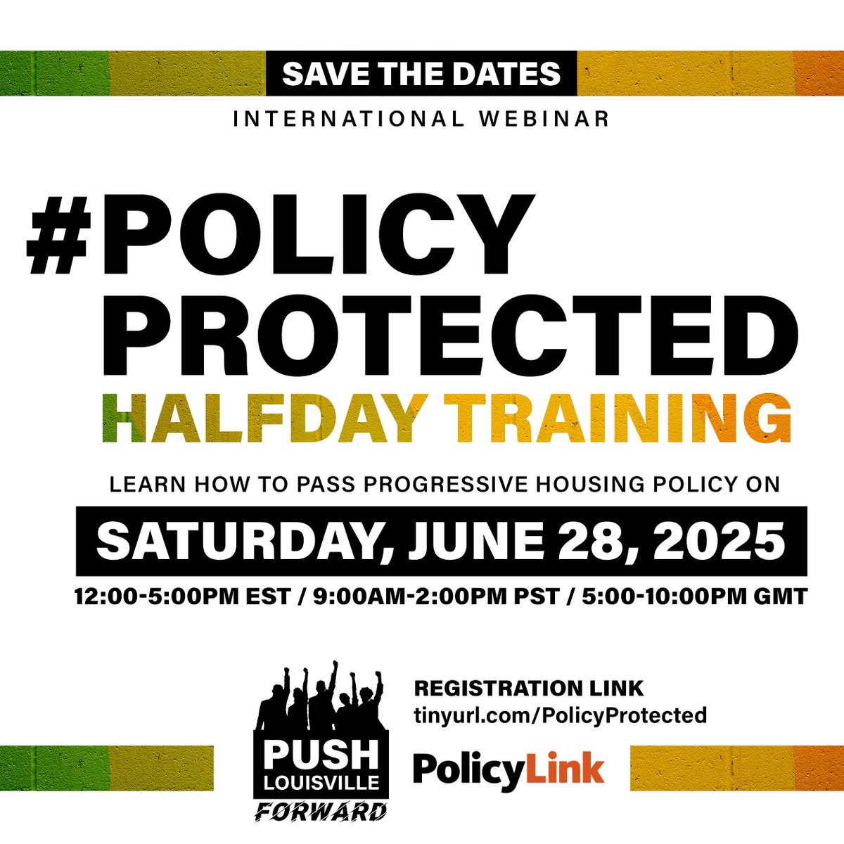 PUSHLouisville's tweet image. @PUSHLouisville and @policylink present the international online #PolicyProtected Half-day Training🔥 Learn how to pass progressive housing policy on June 28th. Register at tinyurl.com/PolicyProtected. 

We are kicking things off with a world training tour this summer!