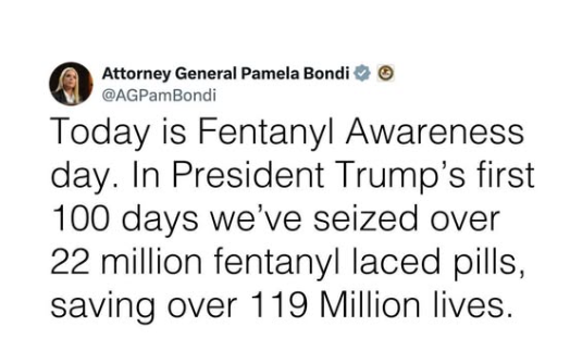 KayPalombo's tweet photo. Dear Pammie,
The US population is 340.1 million (2024 Census).  Math was never my strong suit and I see it isn't yours as well.  I truly don't think 1/3 of our population was going to die from fentanyl.   Your hyperbole has failed miserably.  Bless your heart, try again. https://t.co/VuR9Hugwww
