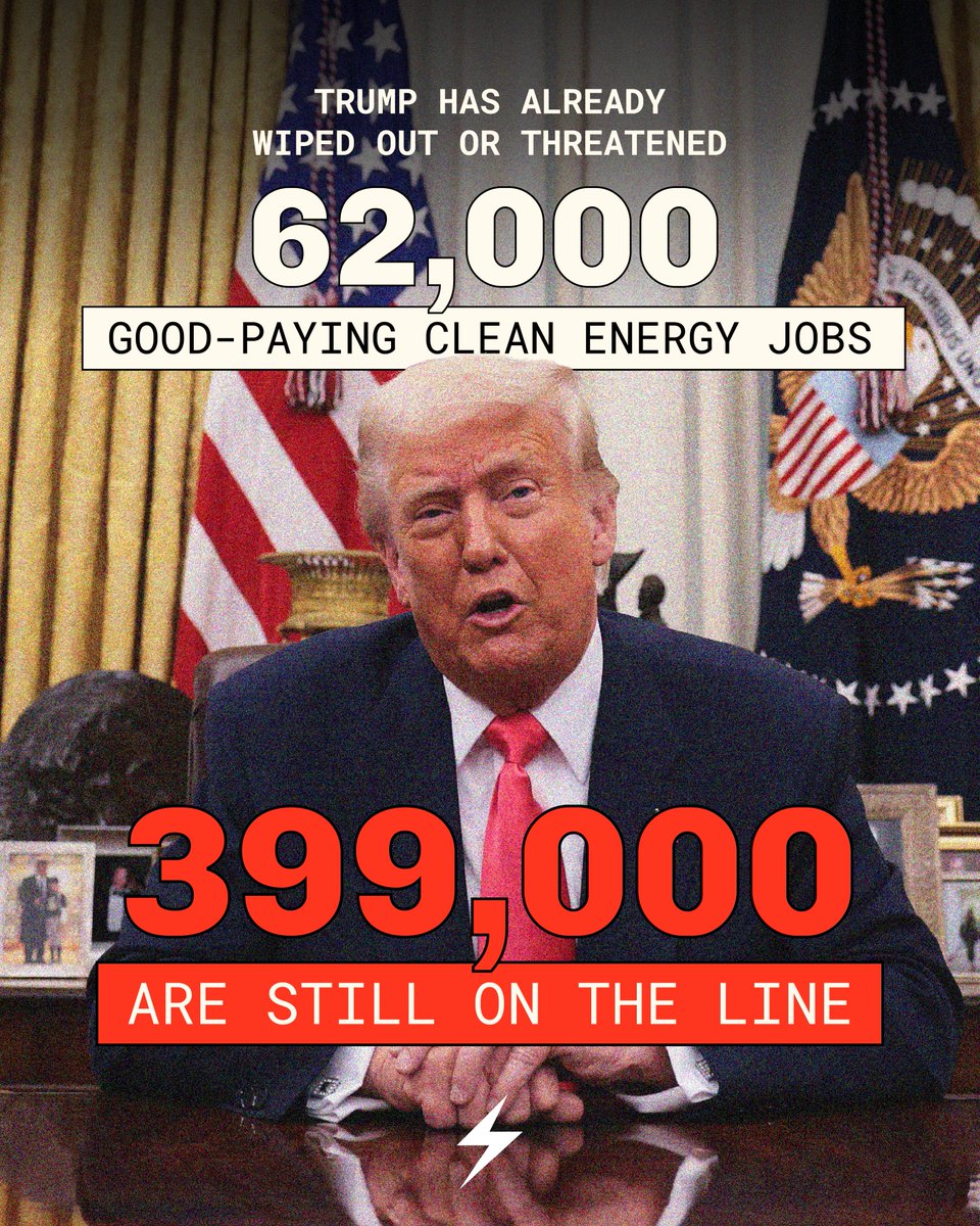 ClimatePower's tweet image. Trump wants to kill 399,000 clean energy jobs and block $441B in private sector investments—all to pad Big Oil’s profits.
Clean energy is thriving. He’s trying to pull the plug. Check out our new report: clmtpwr.us/April2025JobRe…