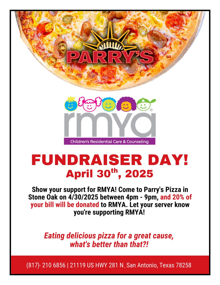 Join RMYA and Parry’s Pizzeria &amp; Taphouse to help make a real difference for children affected by abuse and neglect.

📅 Wednesday, April 30th
⏰ 4 PM – 9 PM
📍 Parry’s Pizzeria &amp; Taphouse (21119 U.S. Hwy 281 N, San Antonio, TX 78258

#DineAndDonate #ChildAbuseAwarenessMonth