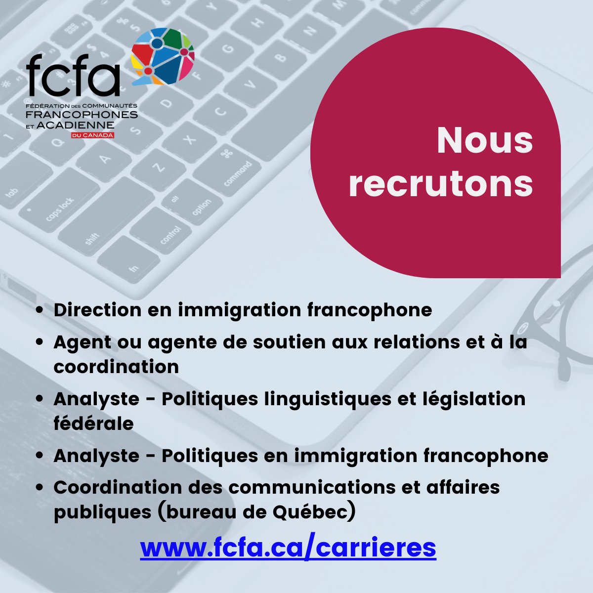 Envie d'un défi professionnel dans un organisme engagé pour la francophonie, avec une équipe passionnée et débordante d'énergie? Nous avons 5 postes à combler! Pour plus d'infos : fcfa.ca/carrieres. #frcan