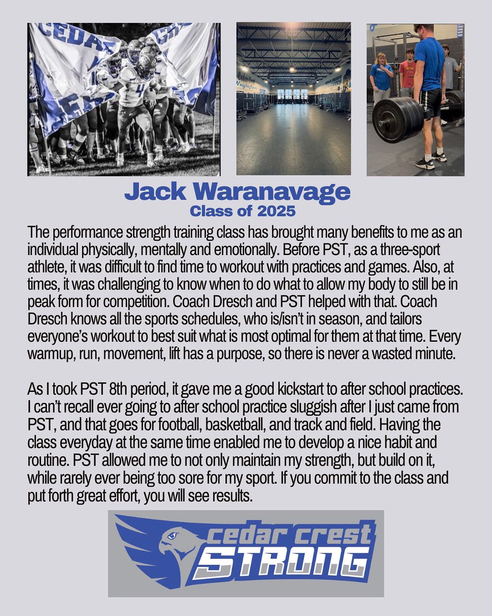 Senior spotlight as we head into the month of May. Awesome to see Jack grow not just physically, but as a leader and a person. He is the definition of dedication. Looking forward to the awesome opportunities this young man has ahead of him! #cedarcreststrong 💪 🏈🏀🏃3-sport ath.