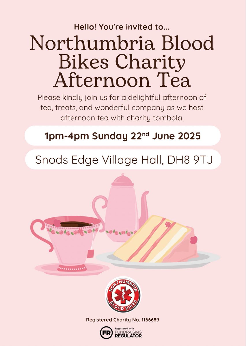 You’re invited to our Charity Afternoon Tea being held at Snods Edge Village Hall, DH8 9TJ, on Sunday 22nd June 1-4pm.