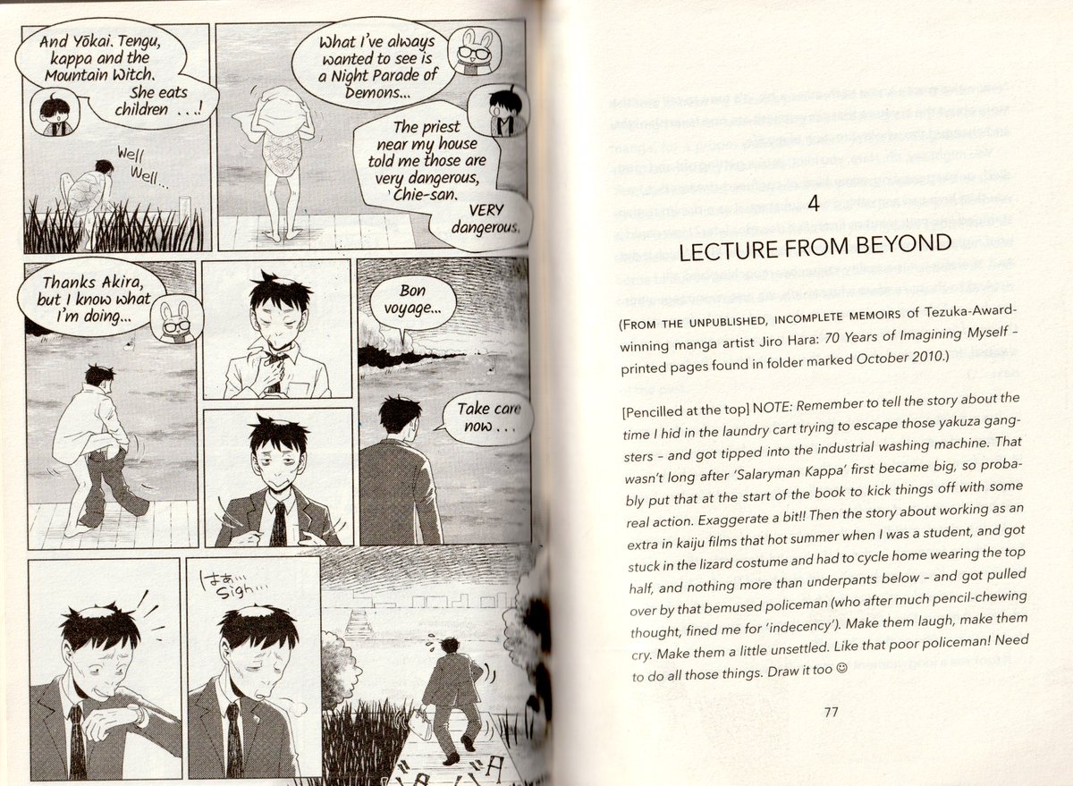 Sorry to miss you in Ely today <a href="/RobGMacfarlane/">Robert Macfarlane</a> - but just sending page from a lecture by a hard working, Japanese yōkai kappa in Tokyo Ghost Cafe. He is in no doubt as to the question of whether a river is alive or not...