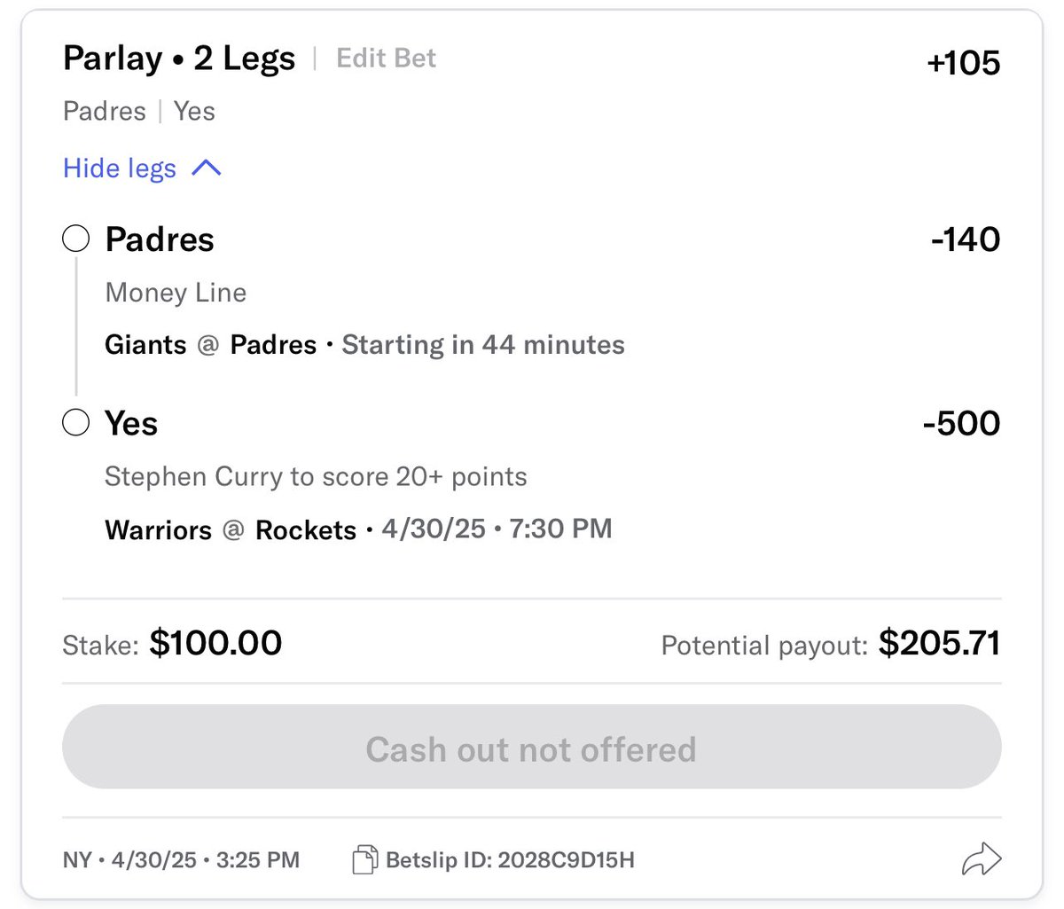 PuPu4_2's tweet photo. Bet 1 on the way to $100k, starting with $100 this time is yet another cross-sport parlay:
Padres ML + Steph Curry 20+ pts
+105
$100 to win $205.71
#letsgonow
#GamblingX
#GamblingTwitter
#mlb
#mlbbets
#nba
#nbabets
#padres
#curry
#50to100K https://t.co/HIJqe8Na0a