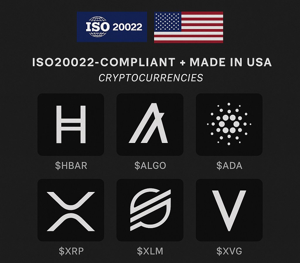 List of ISO20022-Compliant + Made in USA Cryptocurrencies:

1. $ADA
2. $HBAR
3. $ALGO
4. $XRP
5. $XLM
6. $XVG