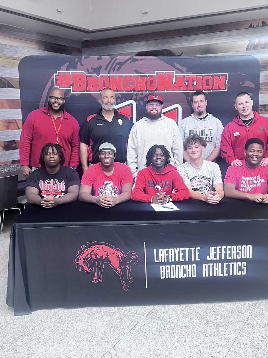 Lafayette Jeff Football (@ljbronchofb) on Twitter photo Five Student-Athletes signed to play at the next level.
Daequan Viverette - <a href="/AUFootball__/">Anderson University Football</a>
Tony Bryant - <a href="/TrineThunderFB/">Trine Thunder FB</a>
Andre Fancher - <a href="/WabashFB/">Wabash College Football</a>
Keyen Crowder - <a href="/WabashFB/">Wabash College Football</a>
O ‘Neal Grissett - <a href="/WabashFB/">Wabash College Football</a>
Congrats guys!
#LJ4L Five Student-Athletes signed to play at the next level.
Daequan Viverette - <a href="/AUFootball__/">Anderson University Football</a>
Tony Bryant - <a href="/TrineThunderFB/">Trine Thunder FB</a>
Andre Fancher - <a href="/WabashFB/">Wabash College Football</a>
Keyen Crowder - <a href="/WabashFB/">Wabash College Football</a>
O ‘Neal Grissett - <a href="/WabashFB/">Wabash College Football</a>
Congrats guys!
#LJ4L