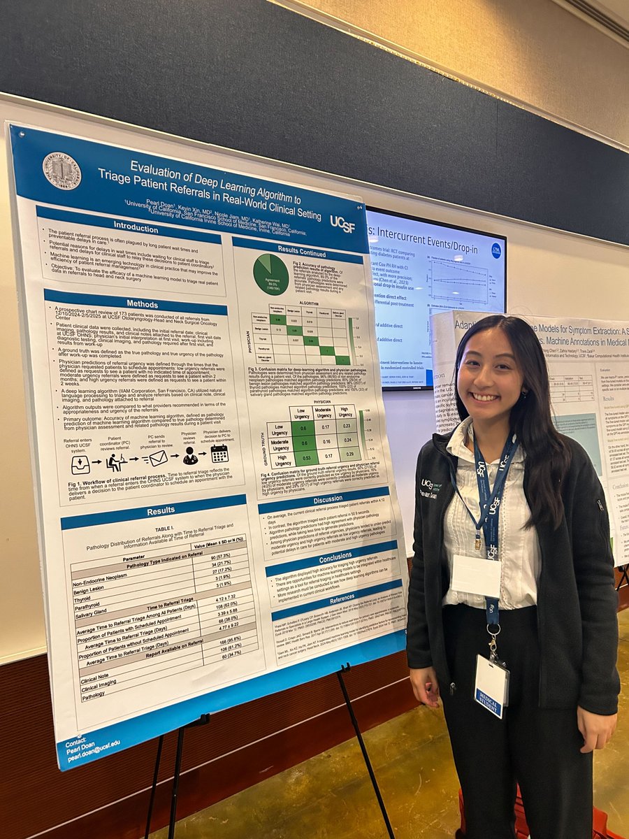 Pearl Doan presented at the Frontiers of Computational Health Conference at Berkeley! This work with Dr. Wai + <a href="/IIAMhealth/">IIAM</a> dives into how deep learning can triage UCSF head &amp; neck cancer referrals.📊
#UCSFInnovation #UCSFOHNS #Innovation