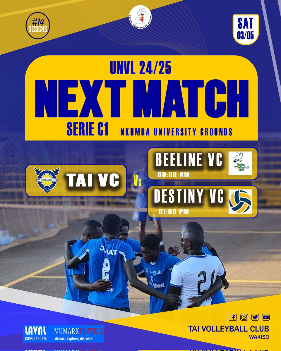 Tai Volleyball Club Wakiso (@tai_vcwakiso) on Twitter photo Behold, the last action of our Debut season will be happening where it all started; <a href="/NkumbaUni/">Nkumba University</a> Grounds.
We have unfinished business with <a href="/frederiques9/">Dr. Federico</a>'s <a href="/BeelineVC/">Beeline Volleyball Club</a> at 09 am and Destiny VC at 01 pm.
This Saturday, 03-05.
#LetsGoTai💪
#UNVLPLAYOFFS25 Behold, the last action of our Debut season will be happening where it all started; <a href="/NkumbaUni/">Nkumba University</a> Grounds.
We have unfinished business with <a href="/frederiques9/">Dr. Federico</a>'s <a href="/BeelineVC/">Beeline Volleyball Club</a> at 09 am and Destiny VC at 01 pm.
This Saturday, 03-05.
#LetsGoTai💪
#UNVLPLAYOFFS25