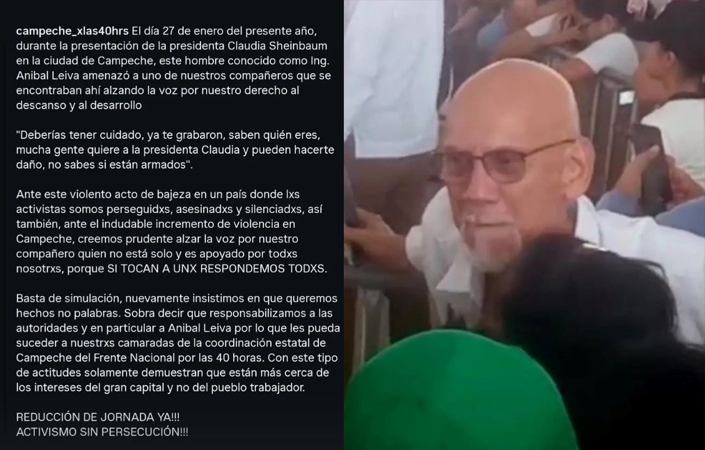 Durante la presentación de la presidenta Claudia Sheinbaum en #Campeche, un hombre conocido como Ing. Anibal Leiva amenazó a uno de nuestros compañeros del Frente que alzó la voz por nuestro derecho al descanso.
#yoporlas40horas
🧵