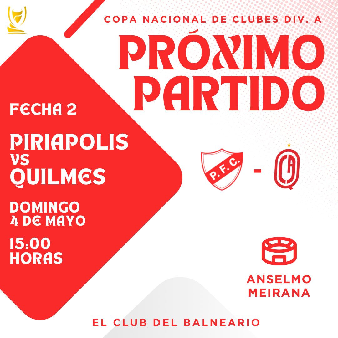 𝑵𝑶𝑺 𝑽𝑬𝑴𝑶𝑺 𝑬𝑳 𝑫𝑶𝑴𝑰𝑵𝑮𝑶 𝑵𝑼𝑬𝑽𝑨𝑴𝑬𝑵𝑻𝑬 𝑬𝑵 𝑪𝑨𝑺𝑨 ⚪️🔴⚪️

📆Domingo 4 de mayo 
⏰15:00 horas 
🆚Quilmes (Florida) 
🏟️Estadio Anselmo Meirana 

Segundo partido en casa, acompañemos al club para poder lograr el objetivo, todos unidos hasta el final 🤜🤛