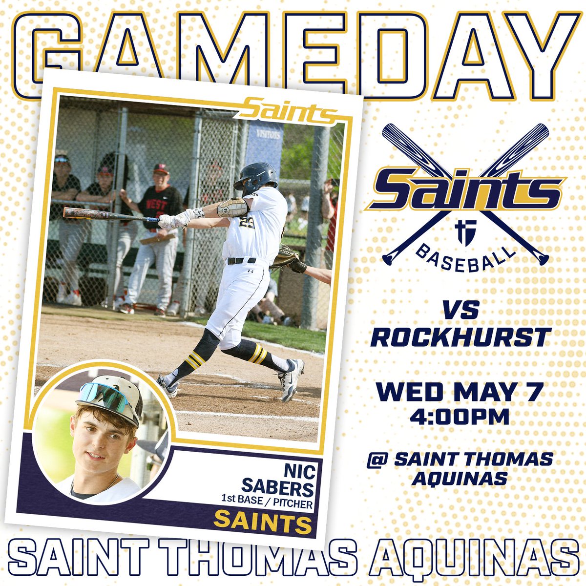 ⚾Gameday
🆚Rockhurst
📅Wed May 7
📍Saint Thomas Aquinas
#stasaints #GoAquinasSaints