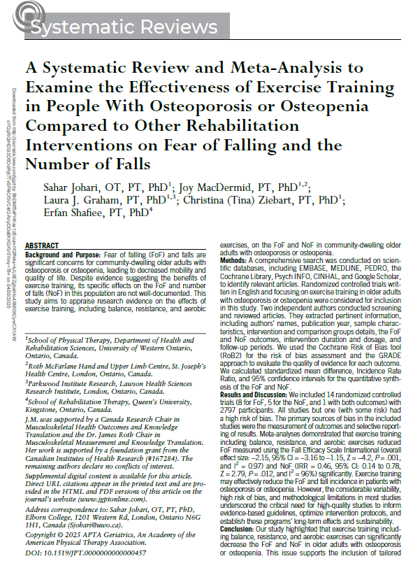 Our latest research 📄 shows that tailored exercise, including balance, strength &amp; cardio, can reduce both falls and fear of falling in older adults with osteoporosis or osteopenia. 🦴🏃‍♀️💪
🔗 doi.org/10.1519/jpt.00…
#FallsPrevention #Osteoporosis #HealthyAging