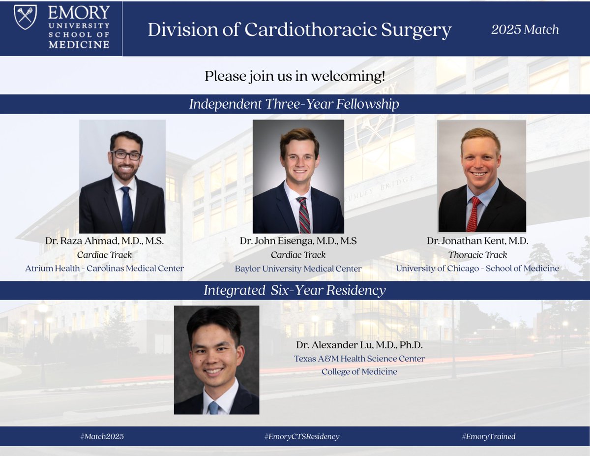 Emory Division of Cardiothoracic Surgery (@emoryctsurgery) on Twitter photo We are so thrilled to match these incredible residents to our program!!! <a href="/JackKentMD/">Jack Kent</a>, John Eisenga, Raza Ahmad, and Alexander Lu! 🥳🥳<a href="/EmorySurgery/">Emory Surgery</a> <a href="/EmoryThoracic/">EmoryThoracicSurgery</a> #Match2025 We are so thrilled to match these incredible residents to our program!!! <a href="/JackKentMD/">Jack Kent</a>, John Eisenga, Raza Ahmad, and Alexander Lu! 🥳🥳<a href="/EmorySurgery/">Emory Surgery</a> <a href="/EmoryThoracic/">EmoryThoracicSurgery</a> #Match2025