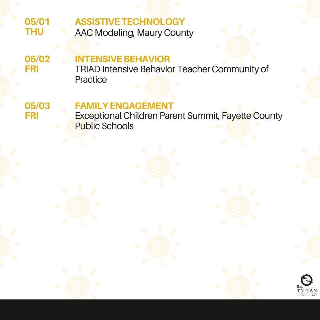 Tennessee_TAN's tweet image. The month of May is full of events! Join our network partners online and in-person at workshops, summits, community of practices, and webinars.
Visit our website to learn more and to register for their events! tn-tan.tnedu.gov/network-events
@TNedu