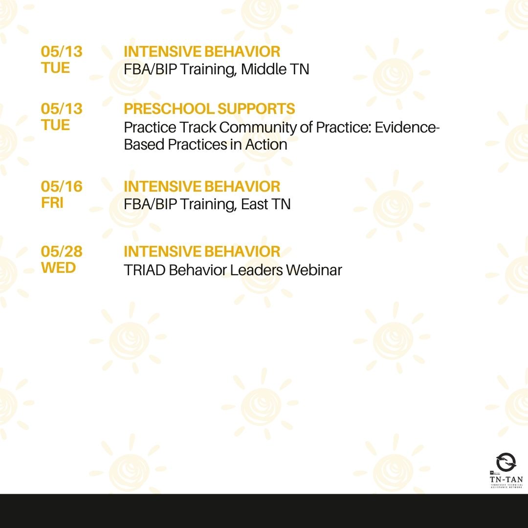 Tennessee_TAN's tweet image. The month of May is full of events! Join our network partners online and in-person at workshops, summits, community of practices, and webinars.
Visit our website to learn more and to register for their events! tn-tan.tnedu.gov/network-events
@TNedu