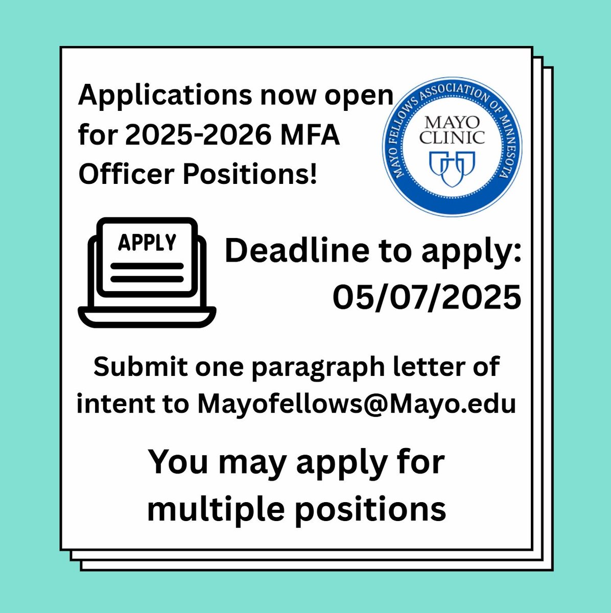 Mayo Fellows' Association, Rochester (@mayofellows) on Twitter photo π¨ Now recruiting MFA Officers for 2025-2026!
Want to advocate for trainees, plan events, and build community?
Submit a 1-paragraph letter of intent to mayofellows@mayo.edu by 5/7/2025 at 5 PM! π©
You can apply for multiple positions!
β‘ Questions? Contact Adel.Fadi@mayo.edu
#MFA π¨ Now recruiting MFA Officers for 2025-2026!
Want to advocate for trainees, plan events, and build community?
Submit a 1-paragraph letter of intent to mayofellows@mayo.edu by 5/7/2025 at 5 PM! π©
You can apply for multiple positions!
β‘ Questions? Contact Adel.Fadi@mayo.edu
#MFA