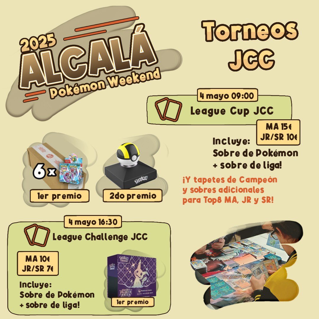 Torre Quemada | Un Pódcast de Pokémon TCG (@torrequemadatcg) on Twitter photo Después de Sevilla se viene otro finde intenso
🚨Alcalá Weekend 🚨
<a href="/Victor_PTCG/">Victor de Torres ➡️ ????</a> estará echando una cable en el gran torneo organizado por <a href="/PKMN_Madrid/">Pokémon Madrid</a>
SÁBADO 10:00 torneo de GLC con préstamos de mazos (por MD)
DOMINGO 09:00 MEGA-CUP con case de JTO de premiazo 🤯
Inscrip⬇️ Después de Sevilla se viene otro finde intenso
🚨Alcalá Weekend 🚨
<a href="/Victor_PTCG/">Victor de Torres ➡️ ????</a> estará echando una cable en el gran torneo organizado por <a href="/PKMN_Madrid/">Pokémon Madrid</a>
SÁBADO 10:00 torneo de GLC con préstamos de mazos (por MD)
DOMINGO 09:00 MEGA-CUP con case de JTO de premiazo 🤯
Inscrip⬇️