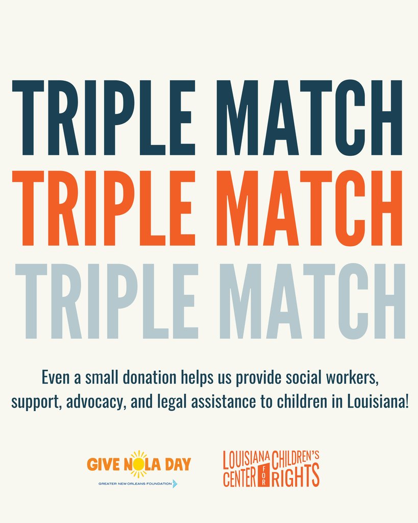 LAKidsRights's tweet image. #GiveNolaDay early giving has begun, and we&apos;re starting strong with a TRIPLE match thanks to an incredible supporter. The match offer is good until 11:59pm on Monday the 5th! 

Donate: givenola.org/organization/l…