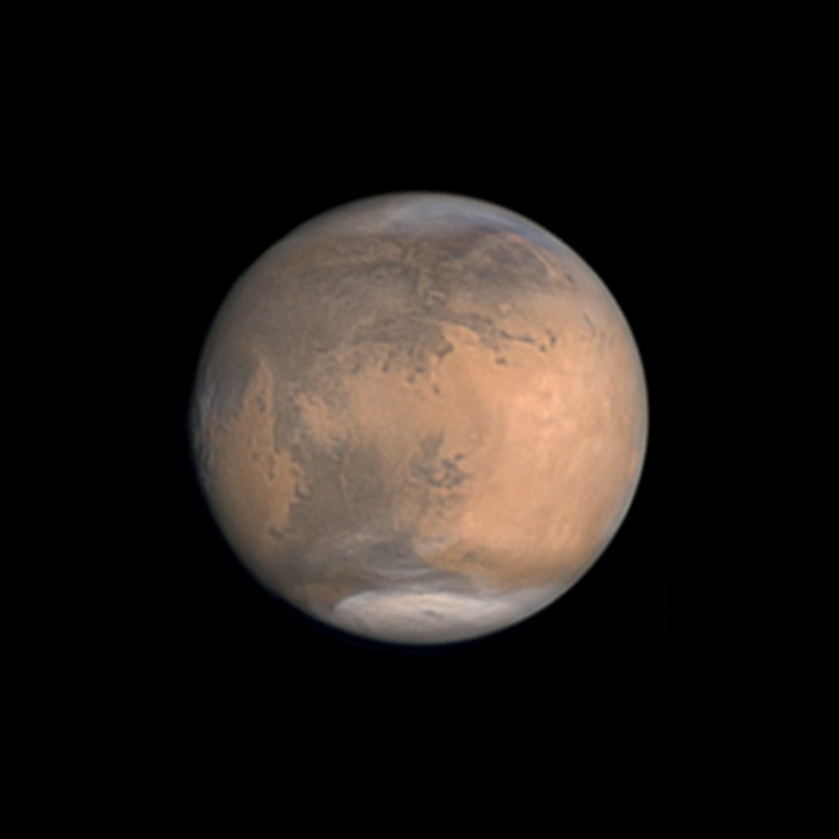 A neat comparison of Mars, captured by <a href="/NASAHubble/">Hubble</a>  (L) vs my backyard 24" scope just a few days later (R).

It's staggering how far amateur ground-based imaging has progressed, even in the few years I've been in the hobby (granted when you have access to large aperture!)