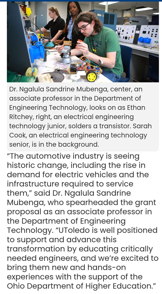 N.Sandrine Mubenga PhD, PE (@ngalulape) on Twitter photo Proud to announce our team received a #SuperRAPID grant from <a href="/OhioHigherEd/">Ohio Higher Ed</a> to bring hands-on #EV experience to <a href="/UToledoCoE/">UToledo Engineering</a> students! This funding will support purchasing lab equipment such as an EV, charging stations etc . Learn more: news.utoledo.edu/index.php/04_3…
#research Proud to announce our team received a #SuperRAPID grant from <a href="/OhioHigherEd/">Ohio Higher Ed</a> to bring hands-on #EV experience to <a href="/UToledoCoE/">UToledo Engineering</a> students! This funding will support purchasing lab equipment such as an EV, charging stations etc . Learn more: news.utoledo.edu/index.php/04_3…
#research