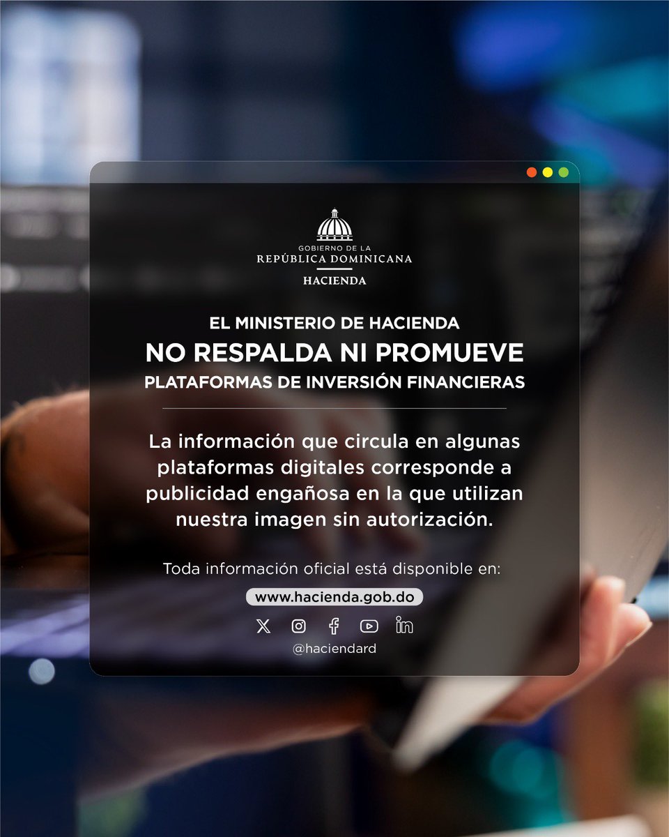 Reiteramos que este ministerio no promueve ningún tipo de inversión en plataformas digitales. Recomendamos a los ciudadanos mantenerse informados exclusivamente a través de nuestros canales oficiales.

Consulte: 👉 hacienda.gob.do y en nuestras redes sociales verificadas.