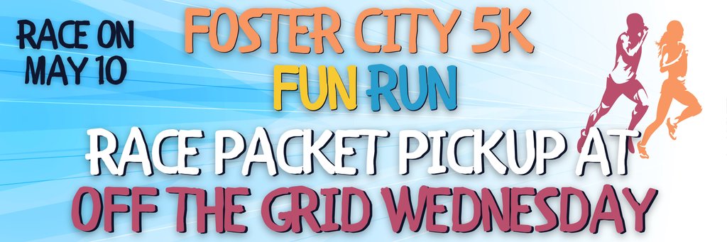 Packet Pickup  #1 starts TONIGHT at Leo J Ryan park during Off The Grid from 5-7 PM.

Come by, pick up your shirt and bib, or complete your registration in person before the price increases at midnight!

Learn more about the 5K at fostercitychamber.com/fcfunrun