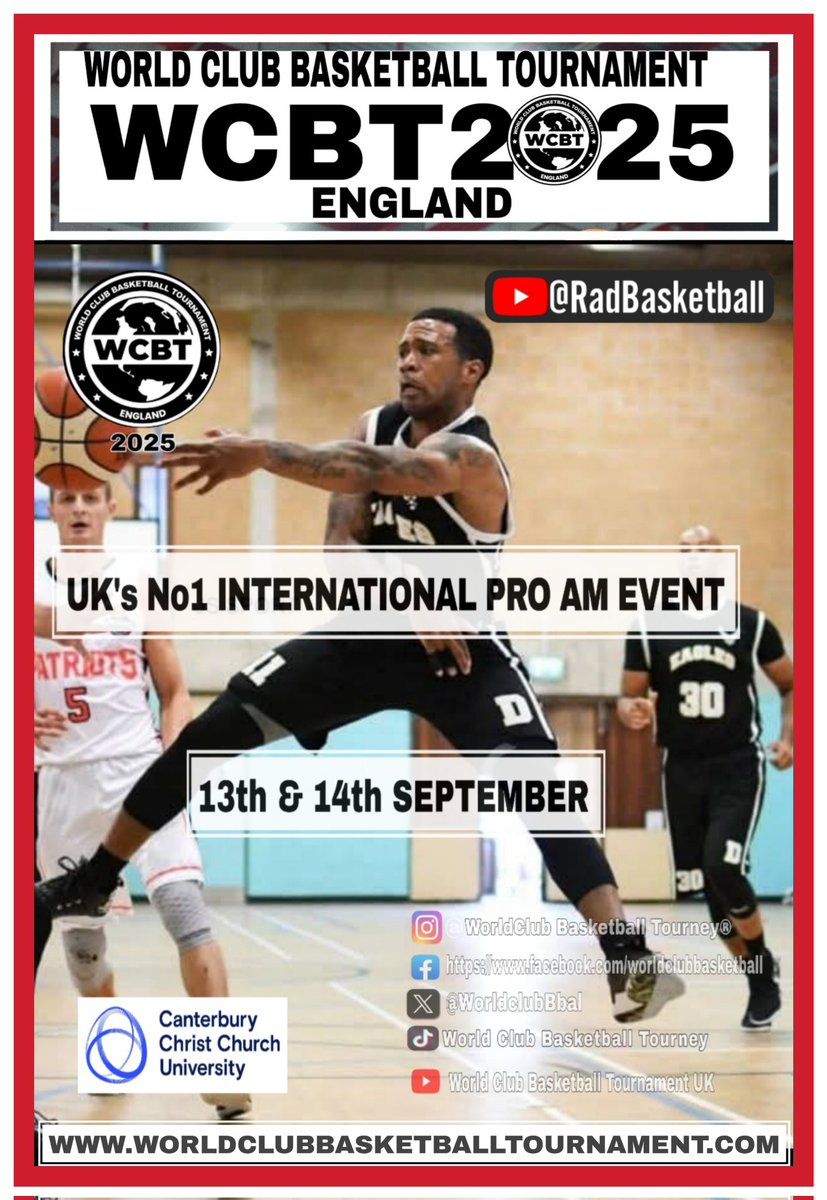Do not miss out !! World Club Basketball Tournament  2025 🇬🇧 

UK's No1 International Pro Am event 

New Venue 

📹 All matches streamed live 

Teams from around the globe competing at the  #WCBT2025

📌 Canterbury- Kent 

📅 13th-14th Sept

www.worldclubbasketballtournal