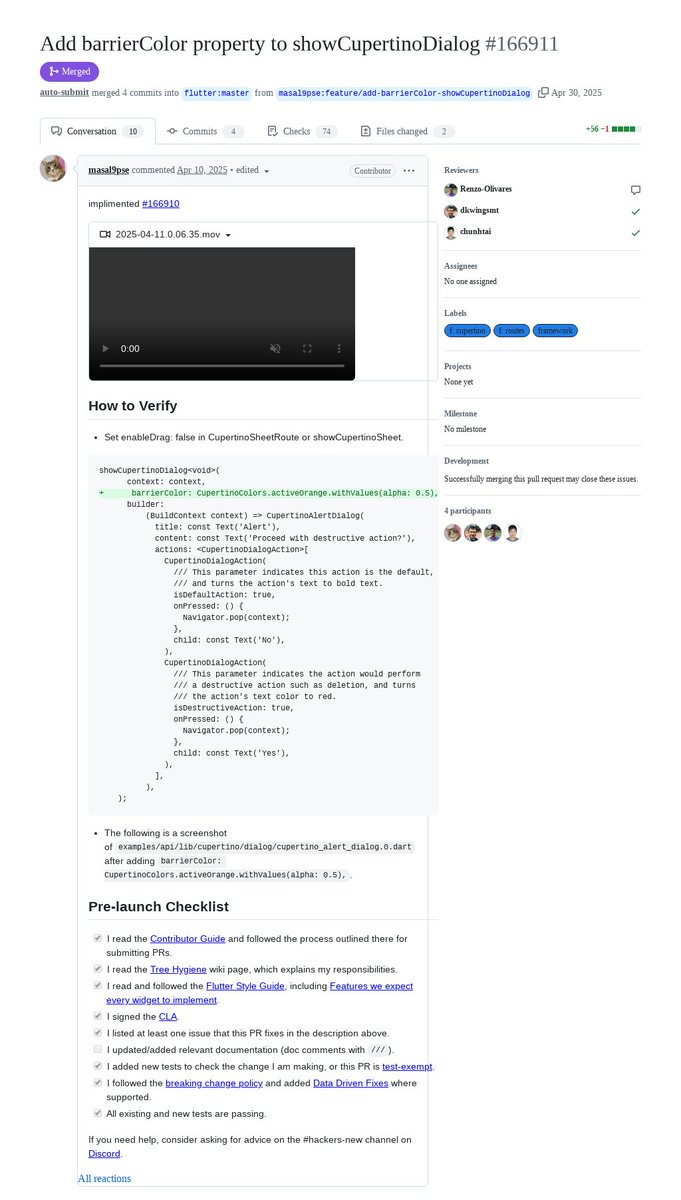 FlutterMerge's tweet photo. "Add barrierColor property to showCupertinoDialog" by @masal9pse was merged into #Flutter master https://t.co/ICgyjSK05v https://t.co/cMylHG73rY