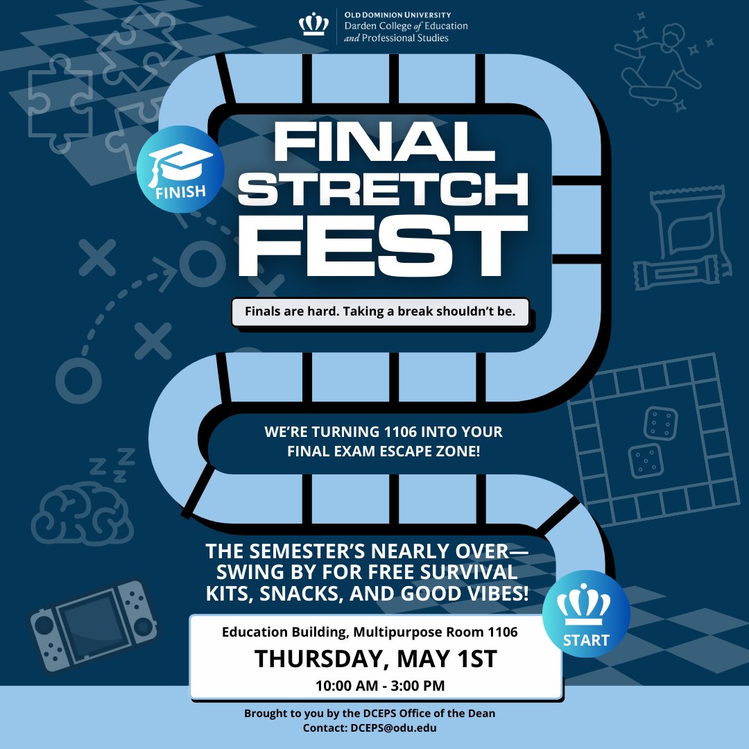 Final Stretch Fest will take place TOMORROW from 10 AM to 3 PM in the Education Building, Room 1106. Feel free to drop-in to grab snacks, take a break, and reset before exams begin.
#odu #dceps #finals