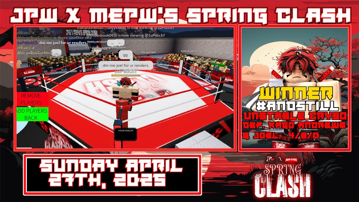 MEPWRBLX (@mepwrblx82950) on Twitter photo Spring Clash Recap | Sunday April 27th, 2025
<a href="/UnstableCryso/">Unstable Cryso</a> def. Kago Andrews & Joel in a Triple Threat Championship Match, picking the 4/2/0 which earned him a 5th defense. Then as a result, he got himself a Thunderstrike Championship Opportunity. Spring Clash Recap | Sunday April 27th, 2025
<a href="/UnstableCryso/">Unstable Cryso</a> def. Kago Andrews & Joel in a Triple Threat Championship Match, picking the 4/2/0 which earned him a 5th defense. Then as a result, he got himself a Thunderstrike Championship Opportunity.