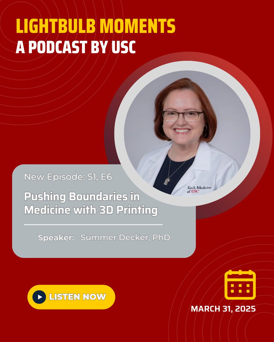 Radiology of USC (@radiologyusc) on Twitter photo Catch our own Summer Decker, <a href="/summerin3d/">Dr. Summerin3D</a>, as she's talks #3DMedicine, #Art and #Innovation, with USC's New Podcast, Lightbulb Moments!
podcasts.usc.edu/lightbulb-mo... Catch our own Summer Decker, <a href="/summerin3d/">Dr. Summerin3D</a>, as she's talks #3DMedicine, #Art and #Innovation, with USC's New Podcast, Lightbulb Moments!
podcasts.usc.edu/lightbulb-mo...