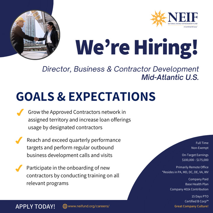 📢 NEIF is hiring in the Mid-Atlantic! (PA, DE, MD, DC, VA, WV)

Have HVAC &amp; energy efficiency experience and connections? Join NEIF's team to help contractors grow with affordable financing solutions.

Interested in applying? 
👉Learn more: neifund.org/careers

#NowHiring