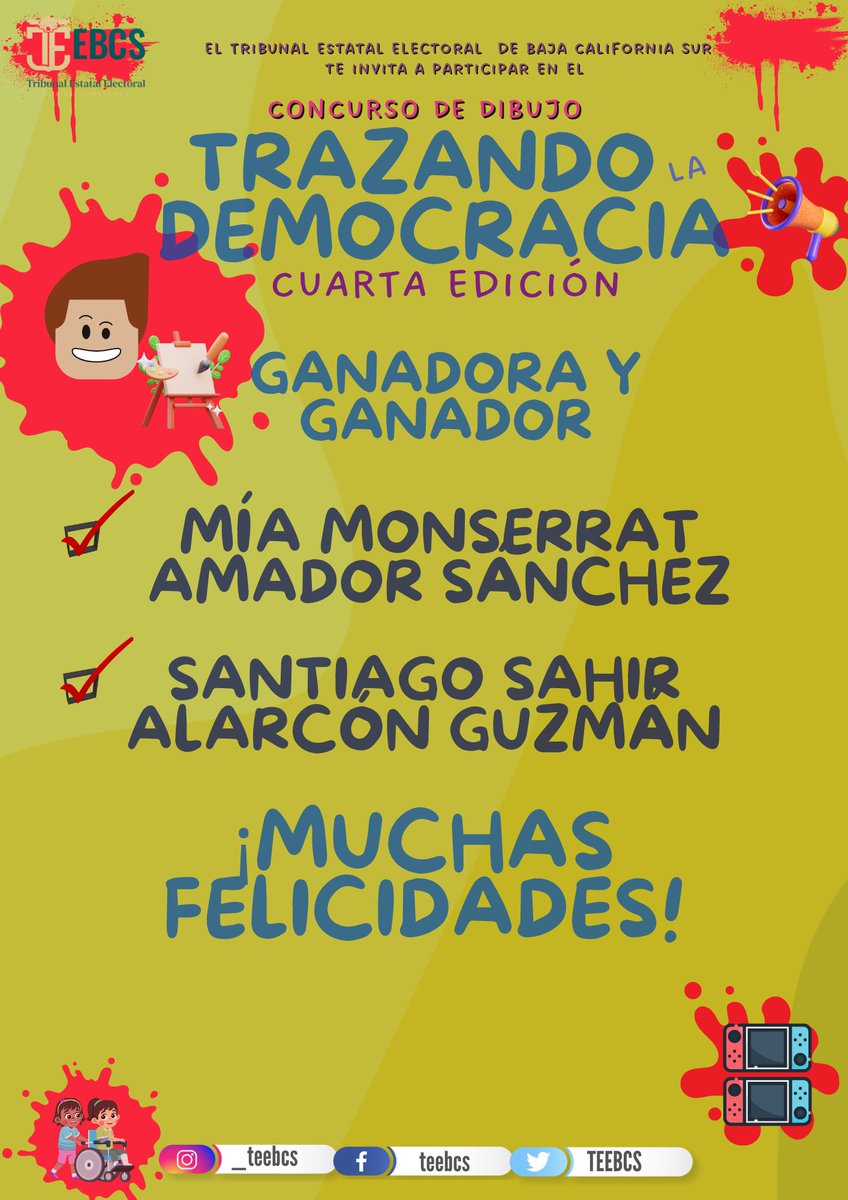 #EntéraTEEBCS 🔊

Te presentamos a la ganadora y al ganador del concurso de dibujo: “Trazando la Democracia 4 edición” 🎊🎈🎉🖍🖌🖊✏️

✅   Mía Monserrat Amador Sánchez

✅   Santiago Sahir Alarcón Guzmán

¡Muchas Felicidades! ¡Enhorabuena! ¡Democracia! 🥳